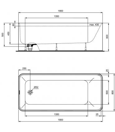 Baignoire autoportante Ideal Standard série Conca art.K8830 taille 180x80 en finition blanche Ideal Solid. Le réservoir est équi