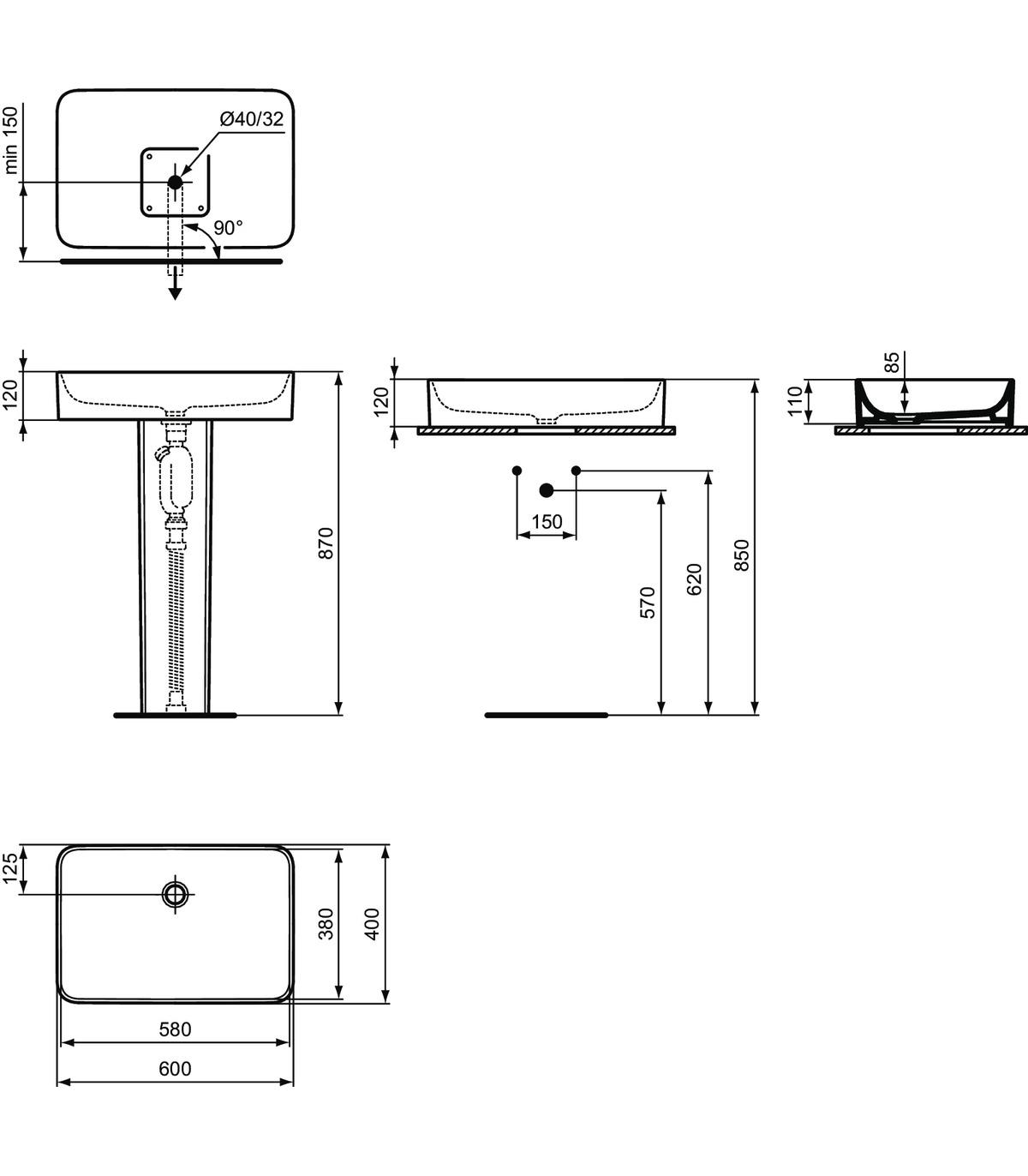 Ideal Standard T369101 CONCA lavabo rettangolare sospeso o da appoggio L.60  cm, monoforo, con troppopieno, colore bianco finitura lucido