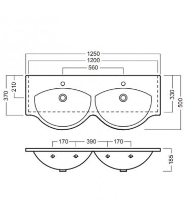 Lavabo top sospeso doppio bacino 125 cm monoforo in due posizioni seri