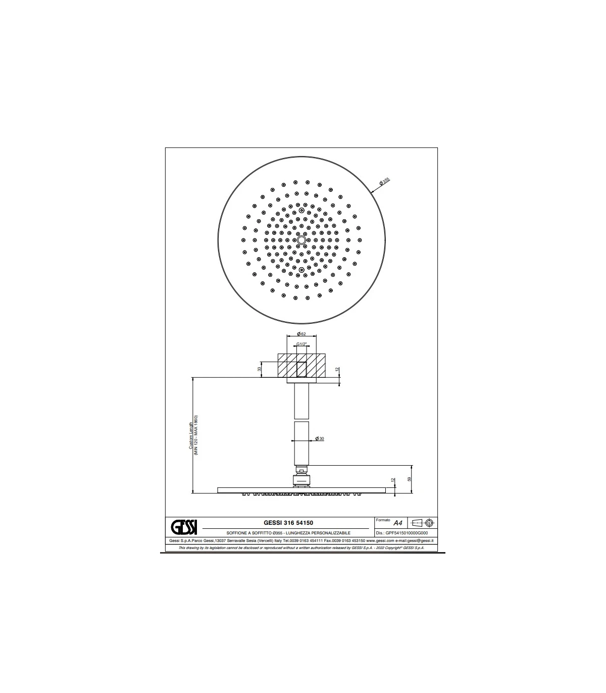 Soffione doccia da soffitto Gessi collezione Intreccio art. 54150