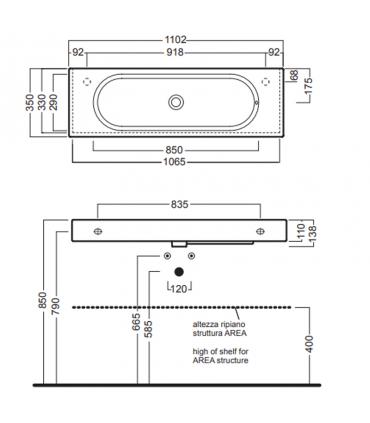 Lavabo sospeso 110x35 cm senza fori predisposto monoforo in due pisizi