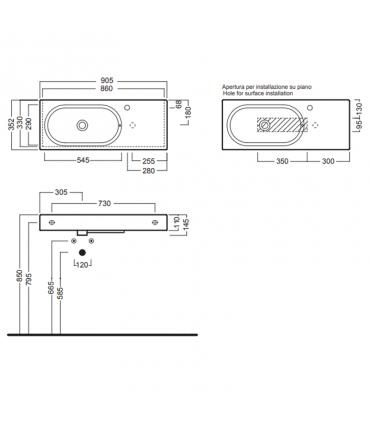 Countertop washbasin 90x35 cm single hole collection Area