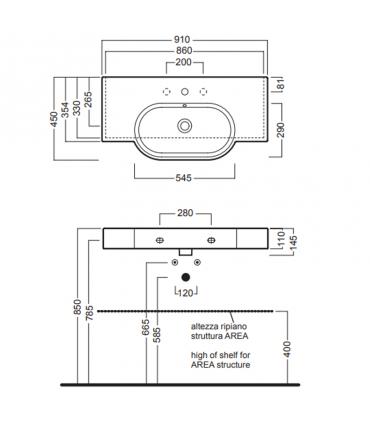 Lavabo sospeso 90x45 cm monoforo predisposto tre fori serie Area art.Y