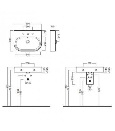 Lavabo suspendeux 60x45 cm monotrou prepare' trois trous collection Area