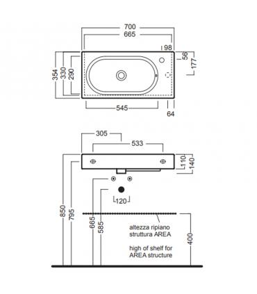 Lavabo suspendeux 70x35 cm sans trous collection Area