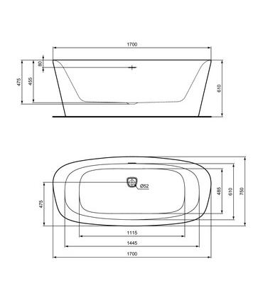 Ideal Standard freestanding bathtub Dea series 190x90 art.K8722 in matt white acrylic. The tank is suitable for freestanding ins