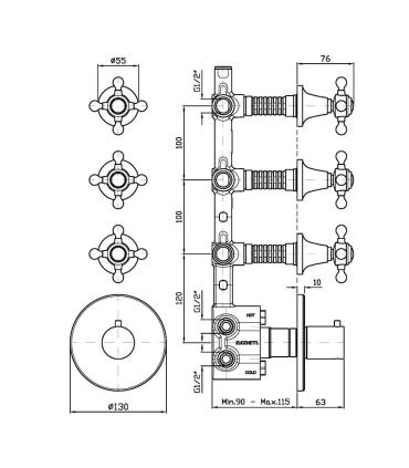 Robinetterie Zucchetti Agora Zag661 partie extérieure mitigeur thermostatique de douche 3 sorties