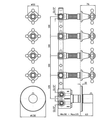 Robinetterie Zucchetti Agora Zag662 partie extérieure mitigeur thermostatique de douche 4 sorties