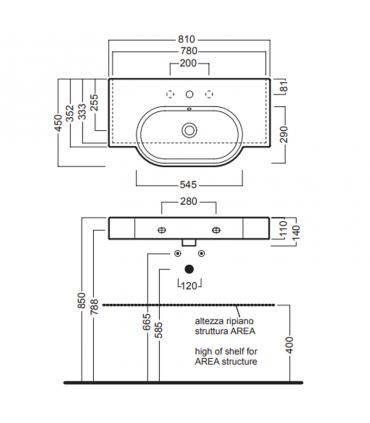 Lavabo sospeso 90x45 cm monoforo predisposto tre fori serie Area art.Y